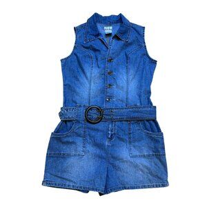 Y2K No Boundaries Sleeveless Stretch Denim Romper With Belt Pockets Juniors Larg